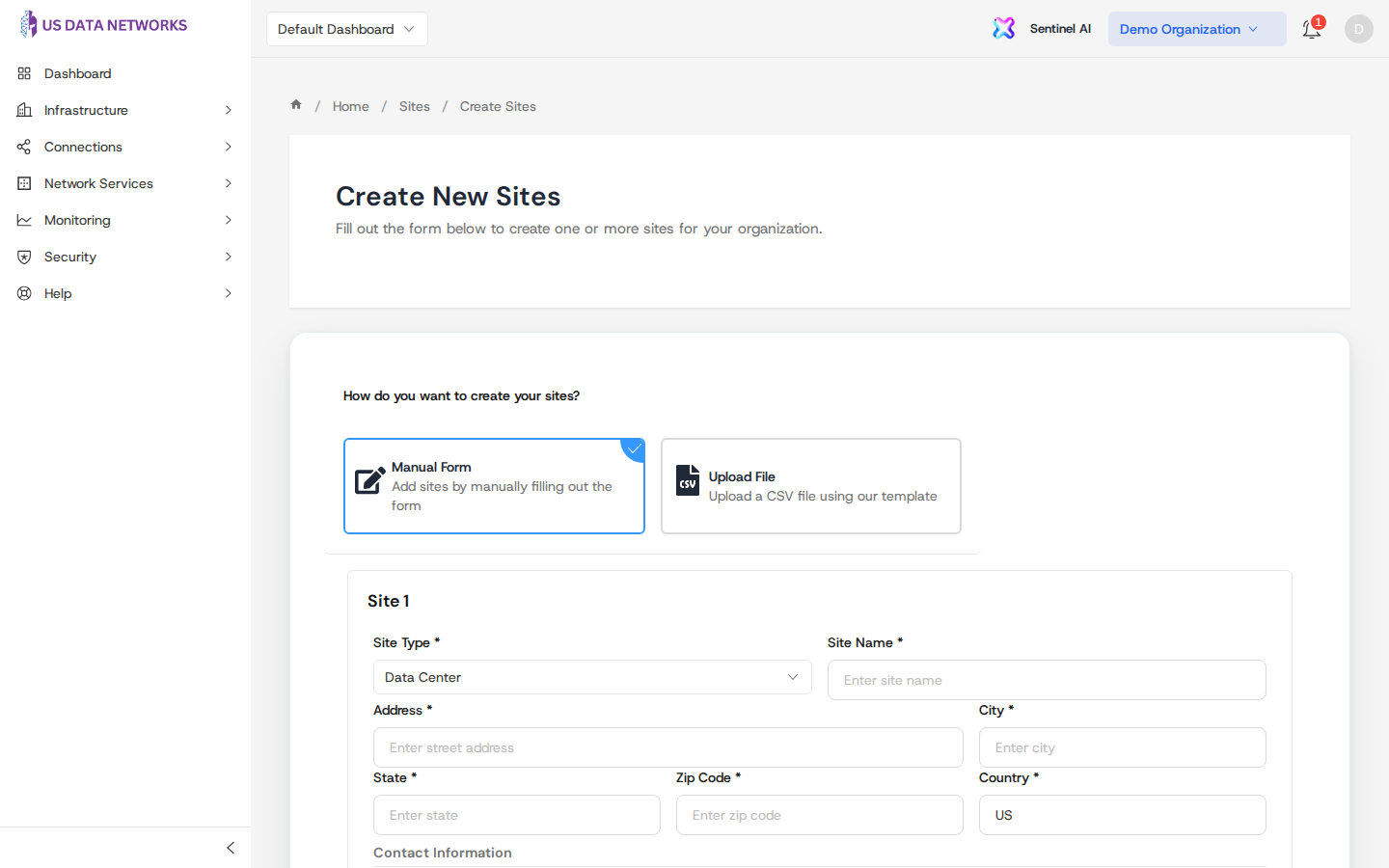 Site type, name, and location fields