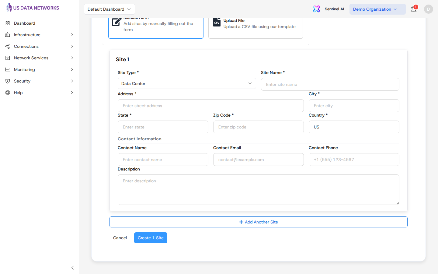 Submit: create site(s) button