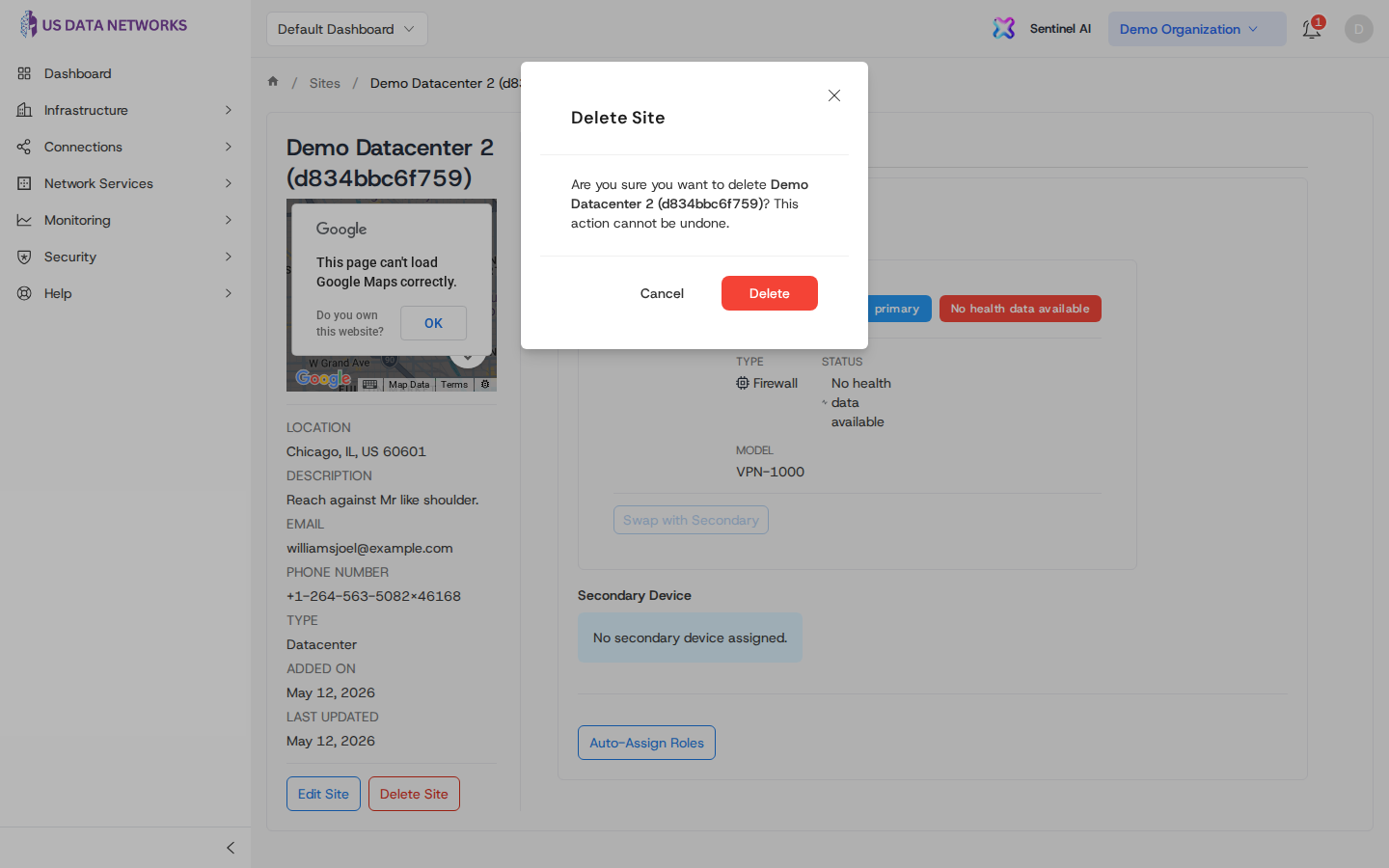 Delete Site confirmation