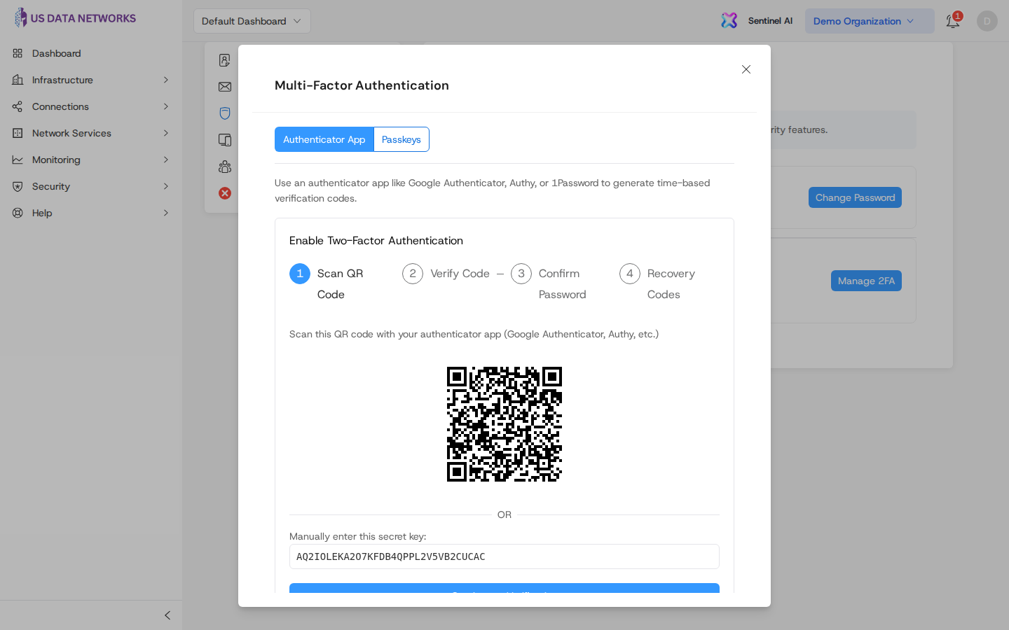 Authenticator app setup in the MFA dialog