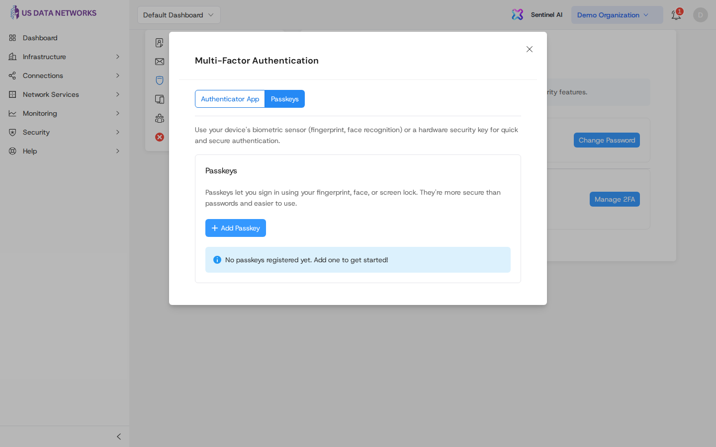 Passkeys tab in the MFA dialog