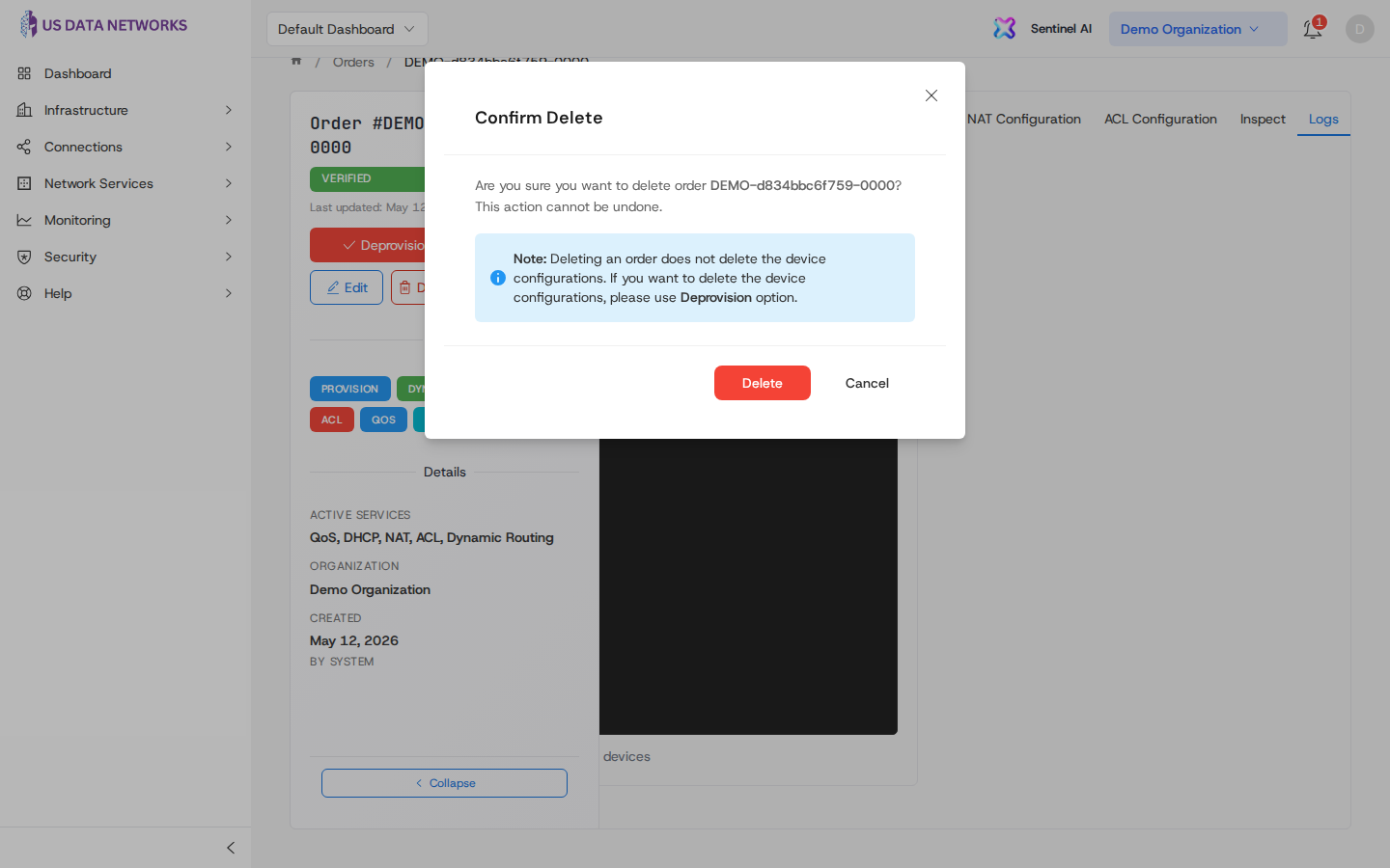 Delete order confirmation