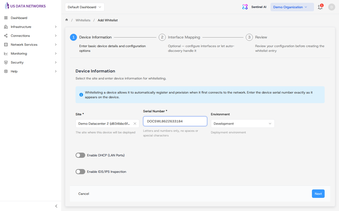 Wizard step 1 — site and serial filled