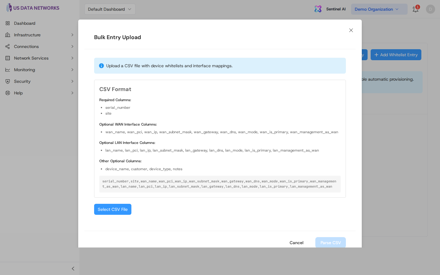 Bulk Entry Upload dialog